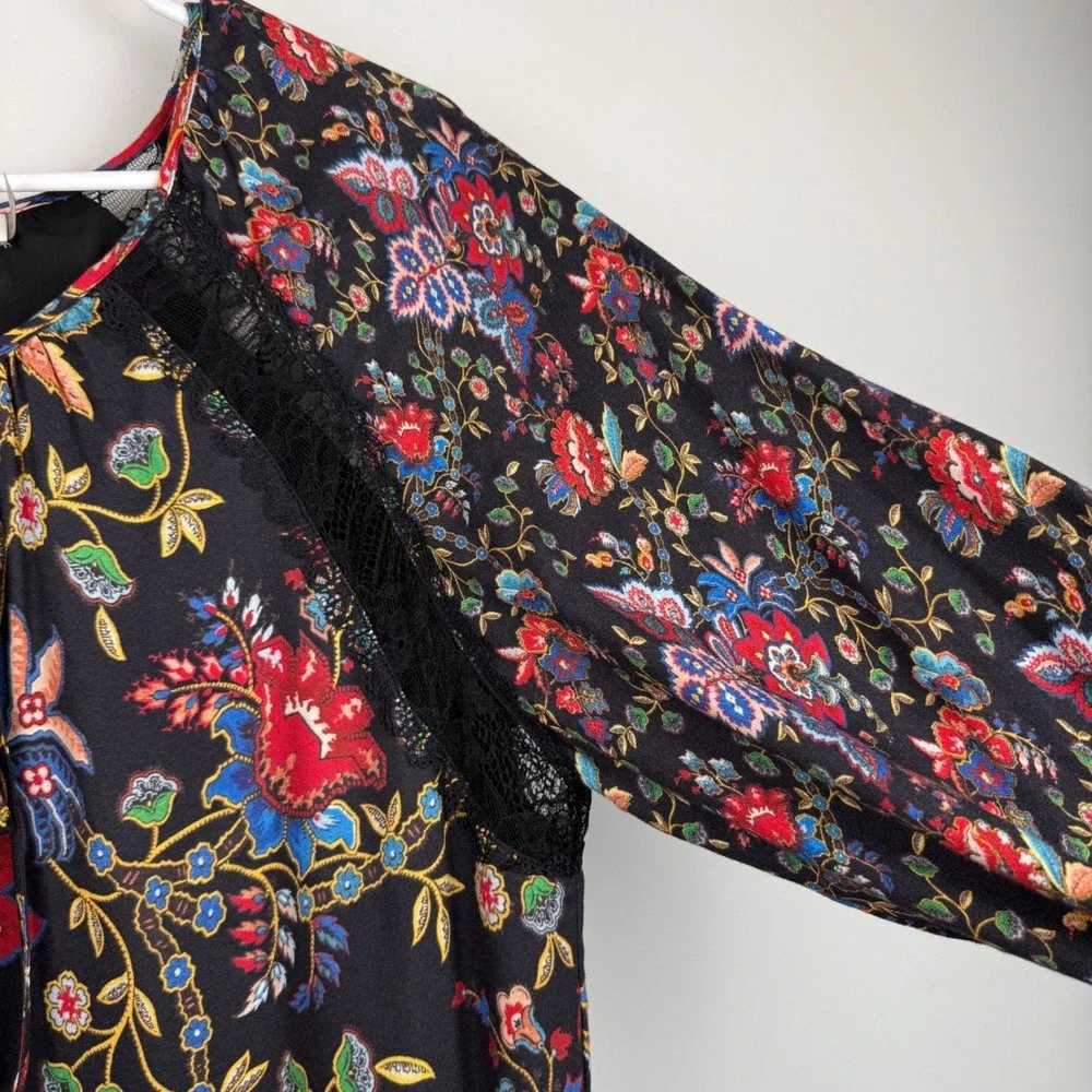 Alice + Olivia Lakita Floral Lace Trim Boho‎ Dress Black Multicolor Tiered Large - Picture 9 of 16